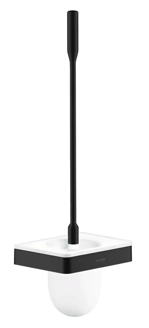 Toilettenbürstenhalter mit mattschwarzer Wandmontage, rechteckige Form und einer weißen Halterung aus Kunststoff, präsentiert von der Marke AXOR.